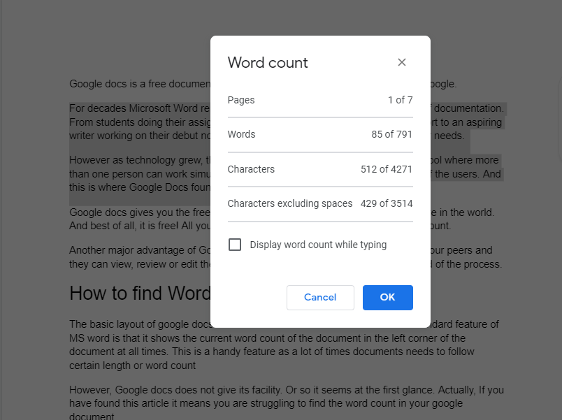 google docs character count selected text popup window