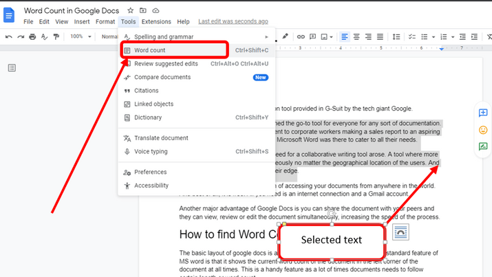 google docs character count selected text