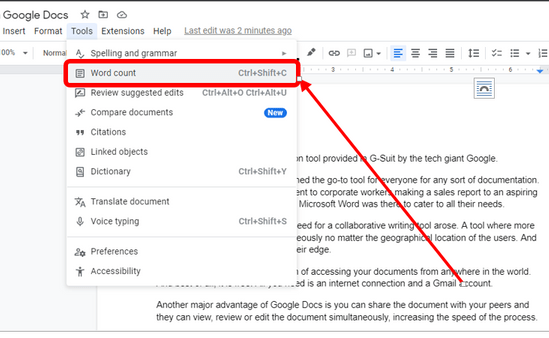 google docs tools word count